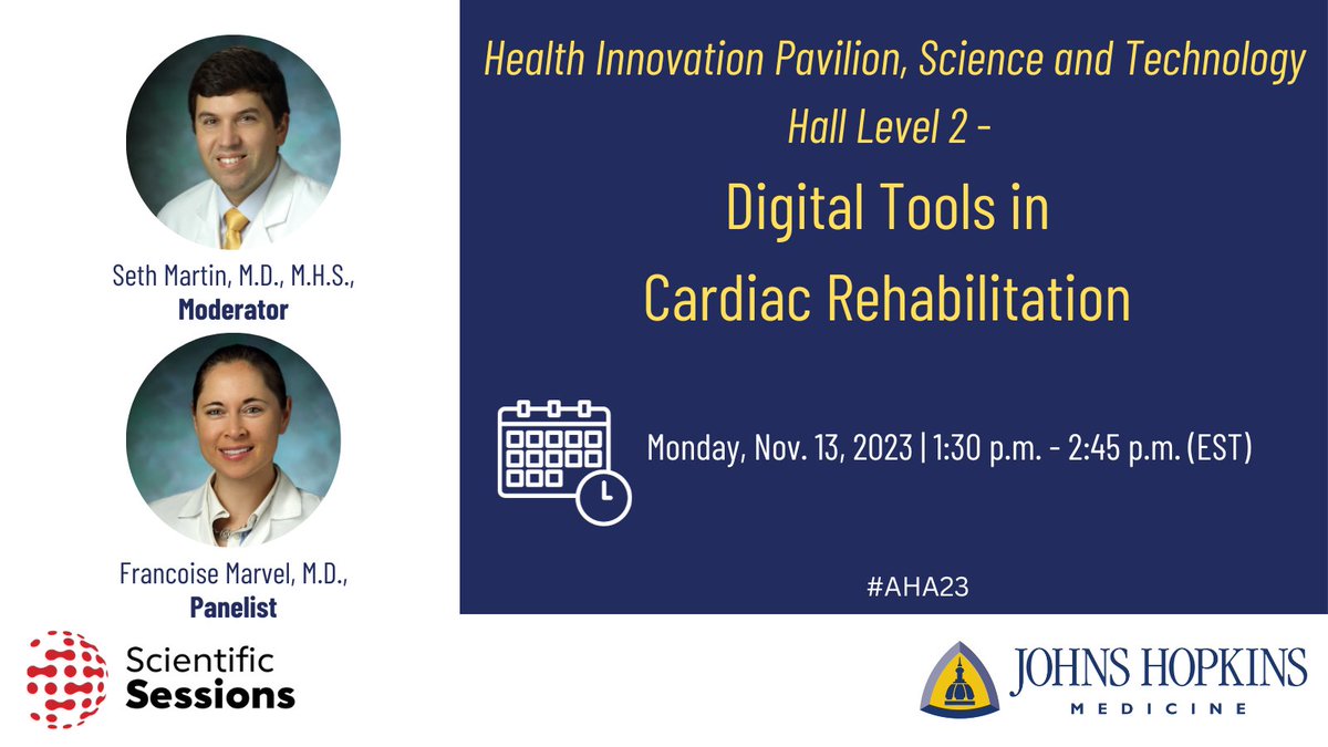 Moderator @SethShayMartin and panelist @DoctorMarvelMD will be discussing all things digital in cardiac rehab at #AHA23 tomorrow - don't miss it! @HopkinsMedNews