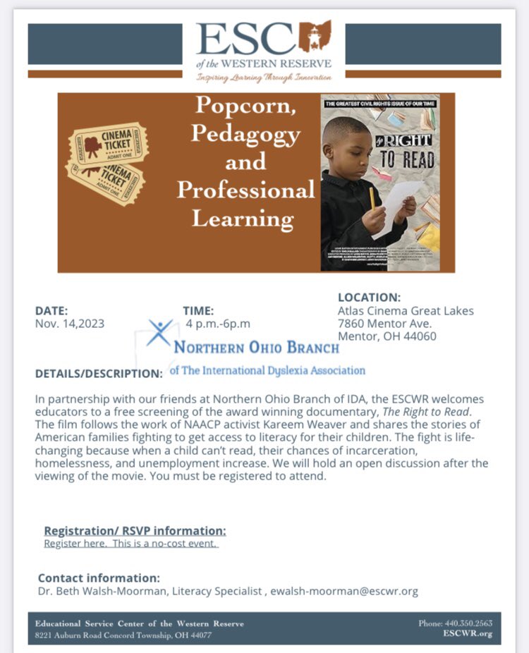 KellyAnnMoran's tweet photo. Teachers, parents, anyone who cares about reading:  please join us at Atlas Cinemas for a free viewing of The Right to Read documentary.  Snacks are included.  Link to register and secure your seat is in the comments.  Please feel free to share the post. @ESCoftheWR https://t.co/5UvwGwQEr3