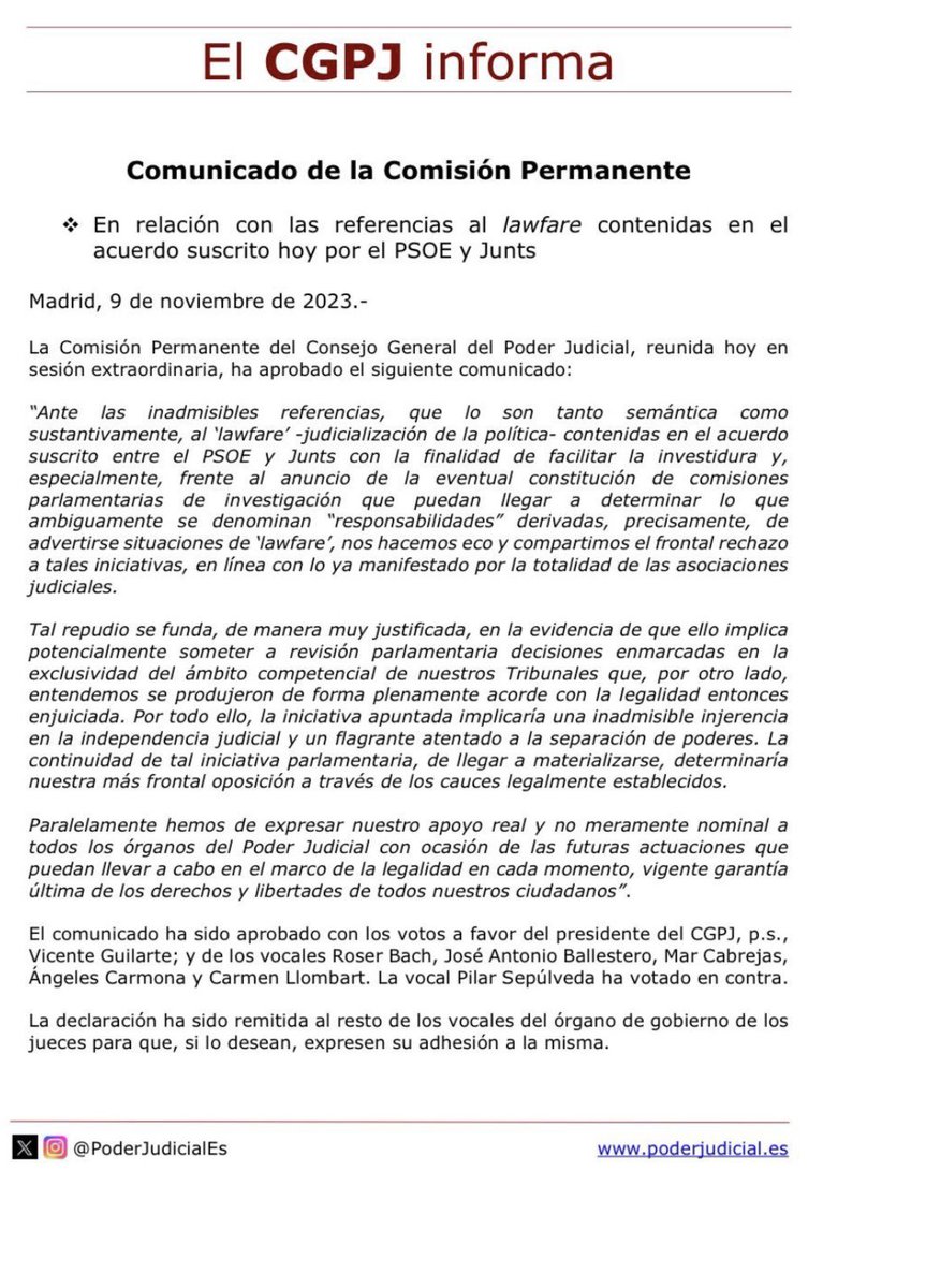 No se conforman con la Amnistía y pactan poder hacer comisiones de investigación frente a sentencias firmes para modificar a su antojo la responsabilidad de los condenados.

La Lupa se une absolutamente al reciente comunicado del CGPJ.