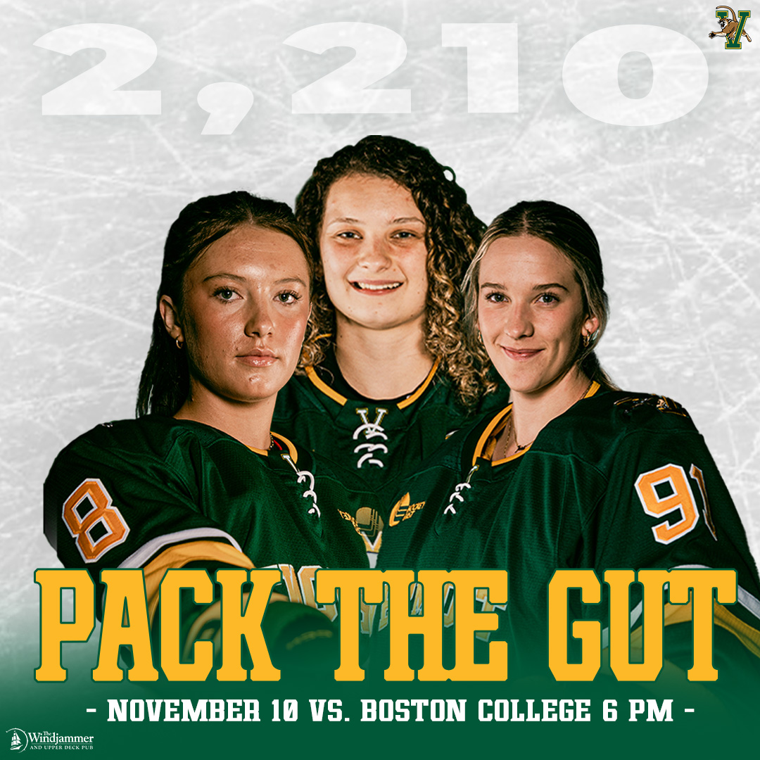 uvmvermont's tweet photo. 🏒 Pack the Gut tomorrow night! Join us at 6 p.m. as @uvmwhockey takes on Boston College. Free admission for UVM students, $2 for adults, and kids 12 and under are free! Let's break last year's attendance record and make some noise for the Catamounts! #VCats #LetsRally https://t.co/pNTzEdvAXI