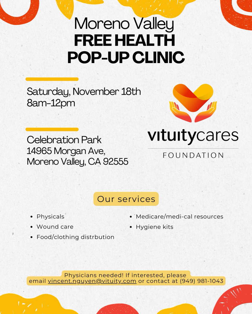New Clinic Location!

🗓 Date: Saturday, November 18
🕒 Time: 8AM - 12PM
📍 Location: Moreno Valley, CA

Interested in volunteering your time and skills? Contact Vincent Nguyen at vincent.nguyen@vituity.com or give us a call at (949) 981-1043.

#VituityCares #healthcareheroes