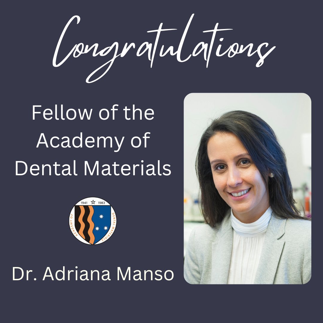 A big congratulations to the #AMDB Cluster Lead, Dr. Adriana Manso, for being announced as a Fellow of the Academy of Dental Materials!🎉
This well-deserved recognition emphasizes her exceptional contributions to the field of dental biomaterials research.
#ResearchExcellence