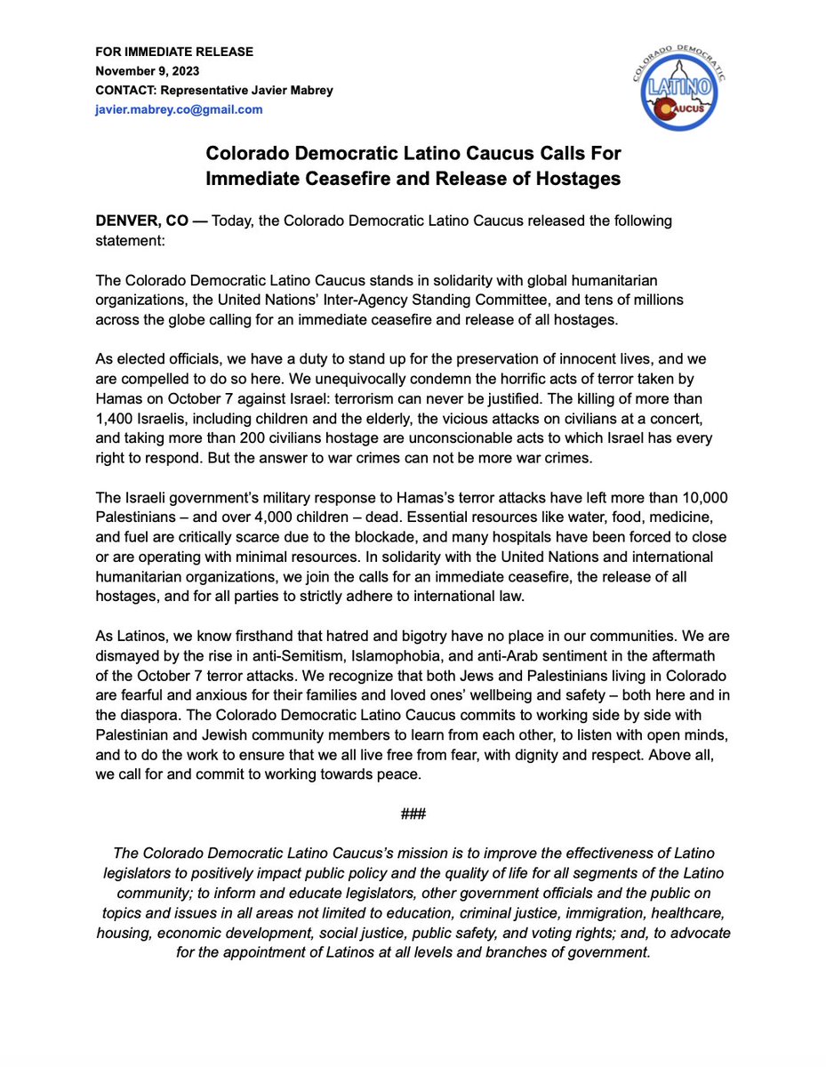 Colorado Democratic Latino Caucus Calls for Immediate Ceasefire and Release of Hostages: DENVER, CO — Today, the Colorado Democratic Latino Caucus released the following statement: 1/