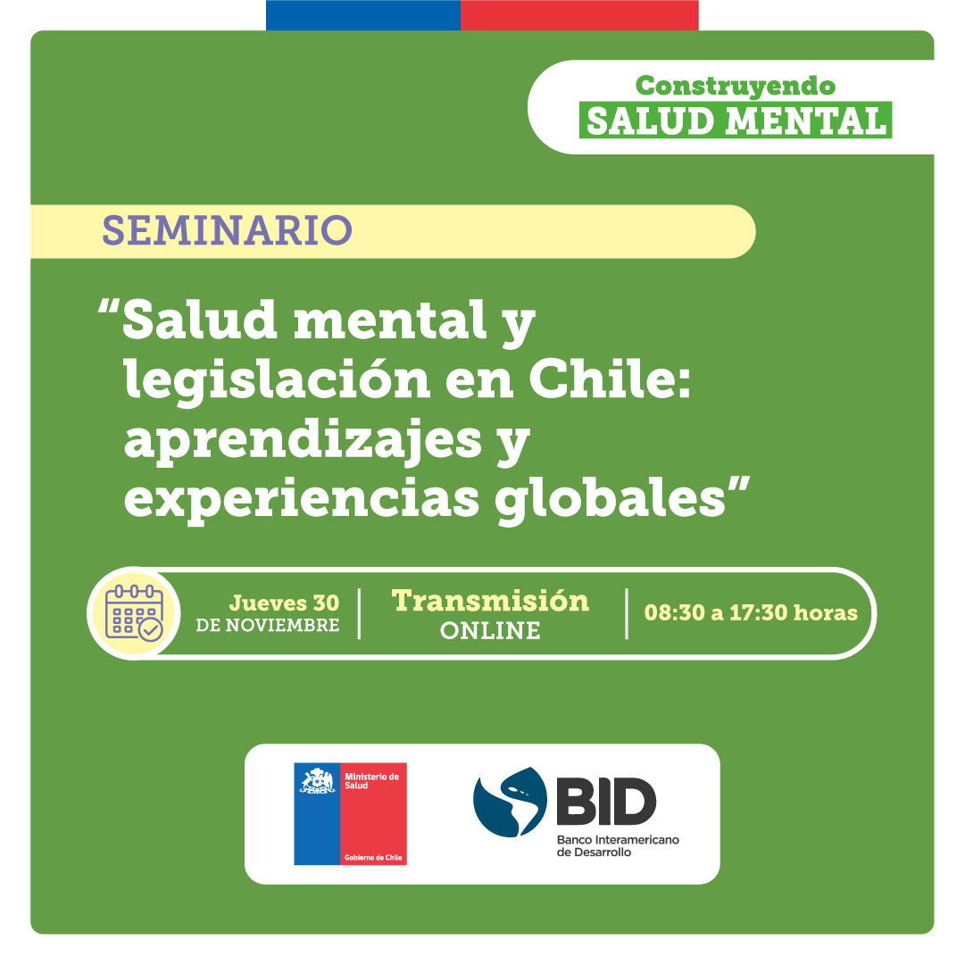 🟢Se estima que por cada suicidio, existirían por lo menos entre 10 a 20 personas que lo intentan. Participa del seminario “Salud mental y legislación en Chile" para avanzar juntos y juntas hacia una Ley Integral de Salud Mental.

📆Guarda la fecha, pronto más información.