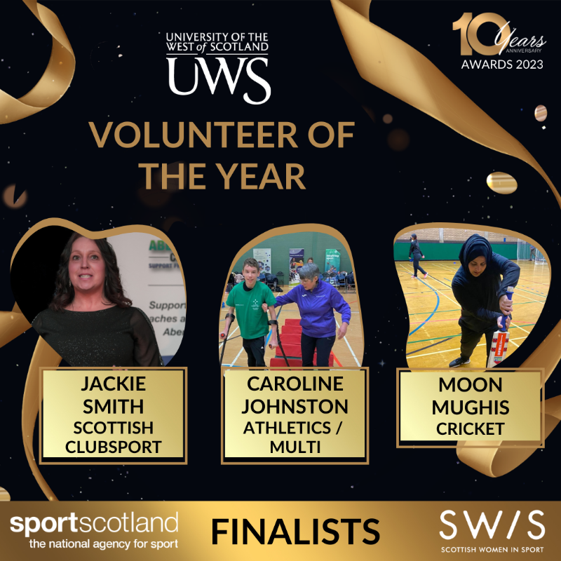 ScotWomenSport's tweet image. ⭐ FINALISTS: VOLUNTEER OF THE YEAR ⭐

Celebrating those that have gone above &amp;amp; beyond, our @UniWestScotland Volunteer of the Year finalists are:

Jackie Smith
Caroline Johnston
@MoonMughis

#SWISAwards2023 @sportscotland @ScotClubSport @scotathletics @CricketScotland @SDS_Sport