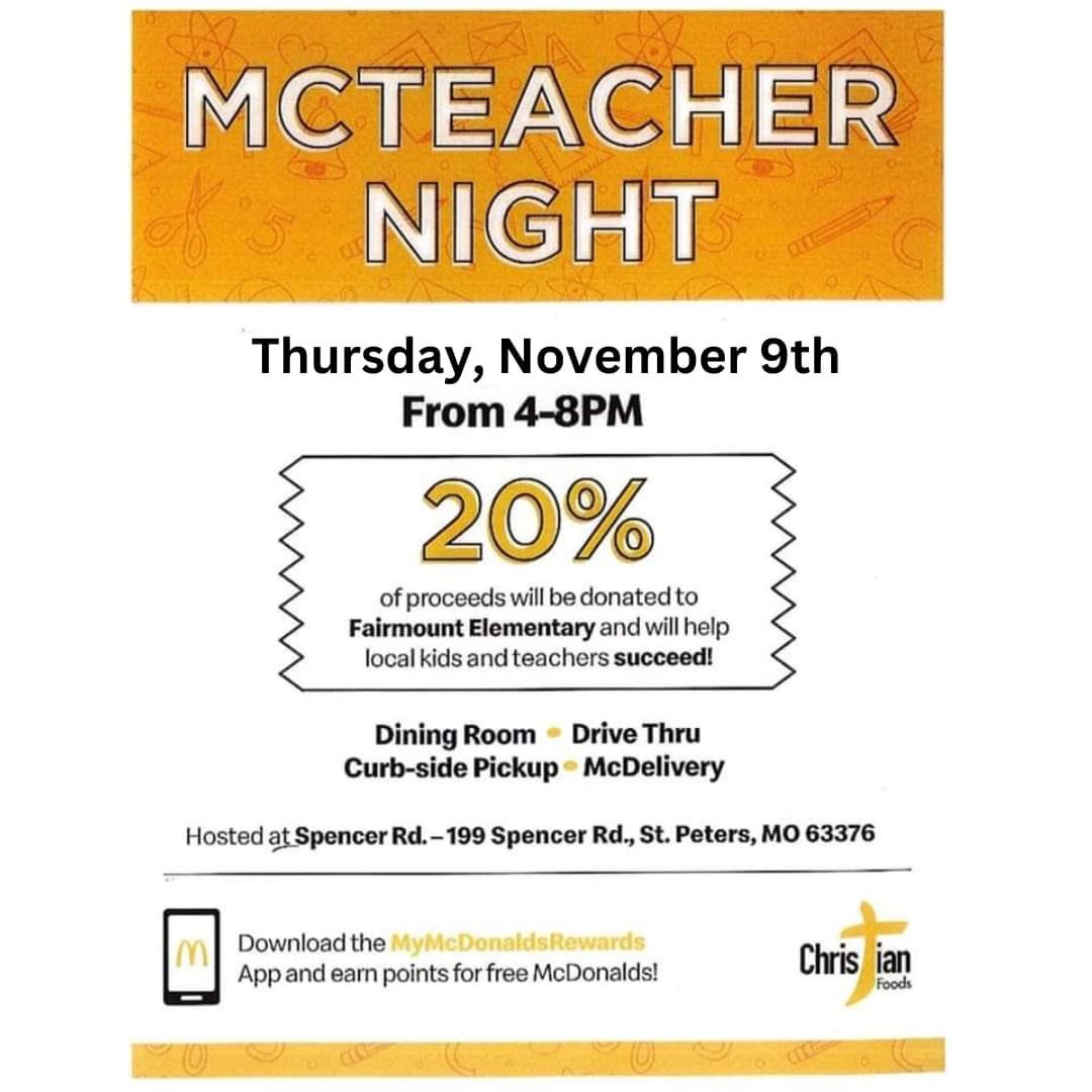 What's for dinner tonight?

We've got you covered! Drive thru, dine in, or mobile order tonight at Mcdonald's on Spencer Rd from 4-8pm, and 20% of sales go right back to Fairmount! No flier needed! So, tell your family, your friends, and your neighbors! It's a win-win!