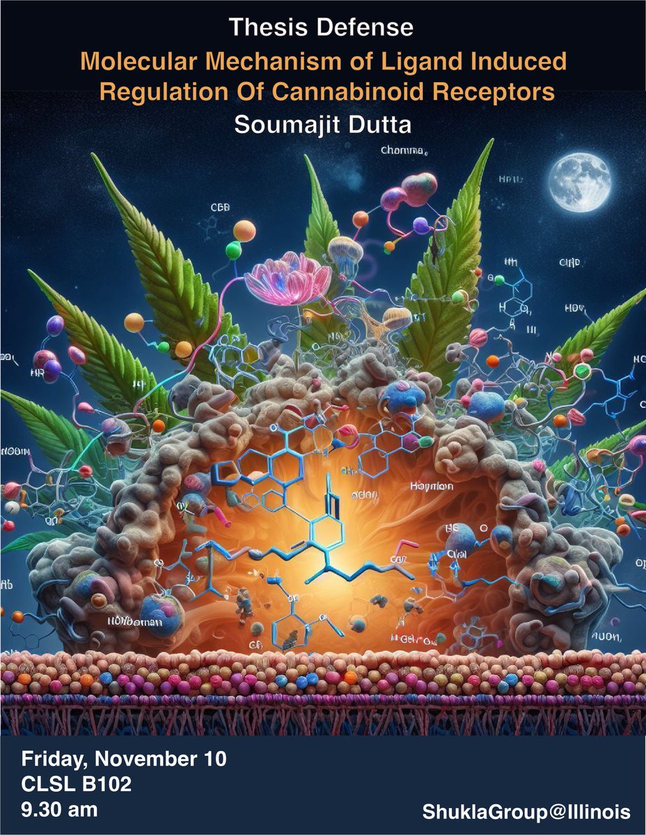 Please join us for Soumajit Dutta’s @SoumajitDutta5 thesis defense on “Molecular Mechanism of Ligand Induced Regulation of #Cannabinoids Receptors” Friday, Nov 10 at 9:30 am in CLSL B102. @ChBEIllinois @diwakarshukla @LASillinois