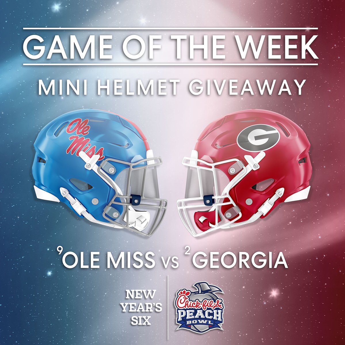 CFAPeachBowl's tweet image. No. 9 vs. No. 2 in an SEC battle with huge postseason implications 🔥

For a chance to win a @OleMissFB or @GeorgiaFootball mini helmet:
1️⃣ Follow us 
2️⃣ Repost
3️⃣ Reply with who you’re cheering for