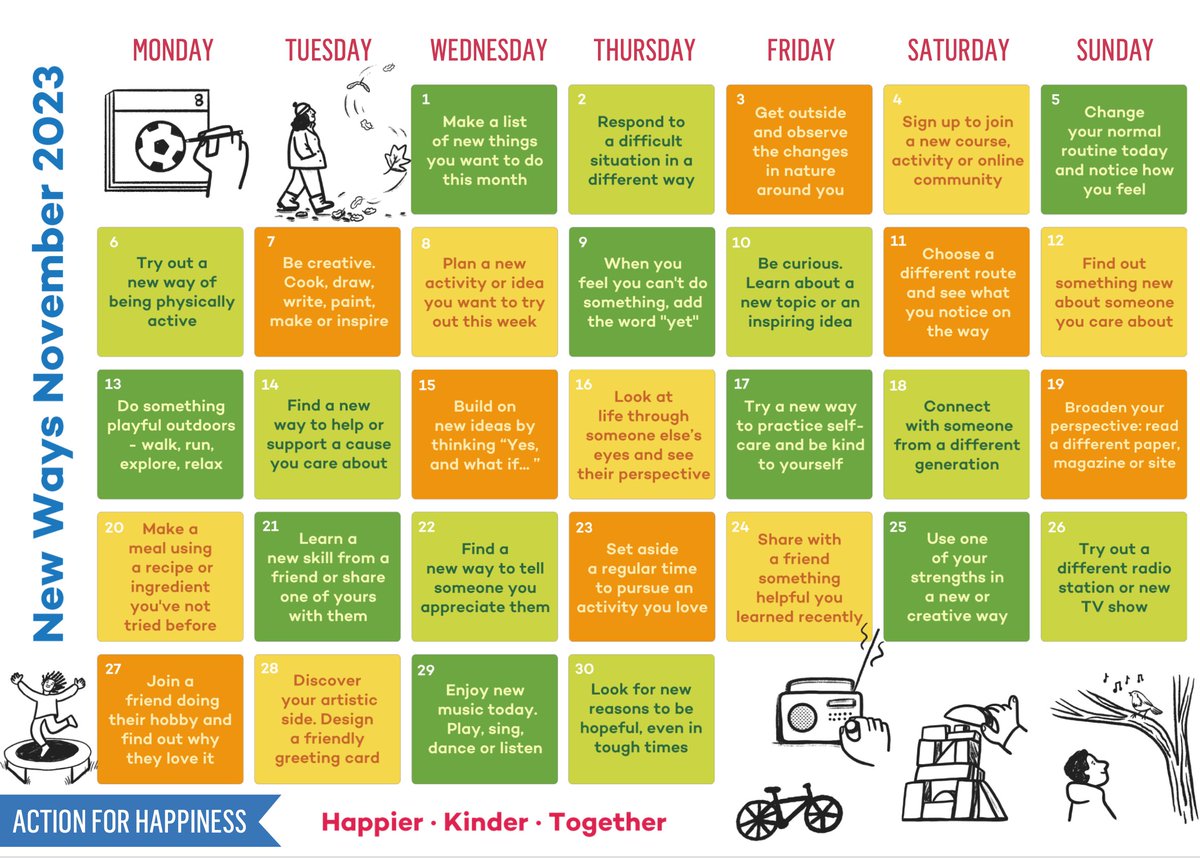 AdamWargon's tweet photo. New Ways November — tips for happier living from Action for Happiness. Which day resonates with you the most? 🤔 https://t.co/qiJNIbxXFE