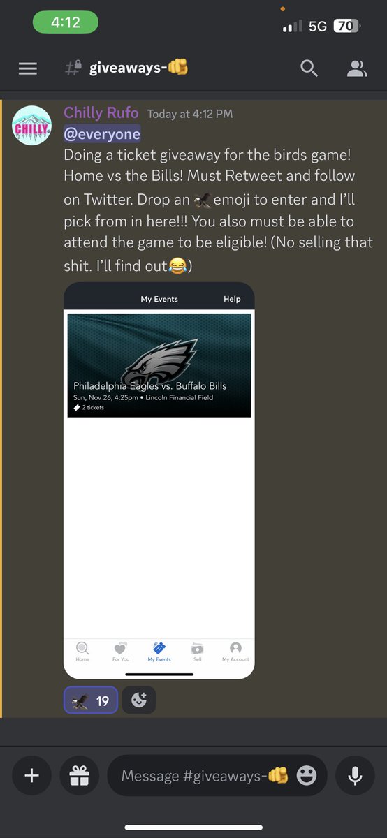 Ticket giveaway! 

Eagles home vs the Bills! Must RT, follow, and drop an 🦅emoji in the discord to enter! Also giving out a 3 day free pass below so everyone is eligible to enter! Free pass includes picks from today until Sunday

Click the link below!

dubclub.win/r/p/pri-c85v3/…