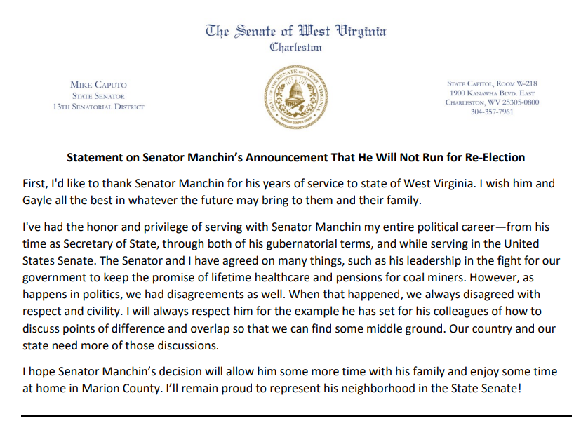 Statement from Senator Mike Caputo on <a href="/Sen_JoeManchin/">Senator Joe Manchin</a> decision to not seek re-election.