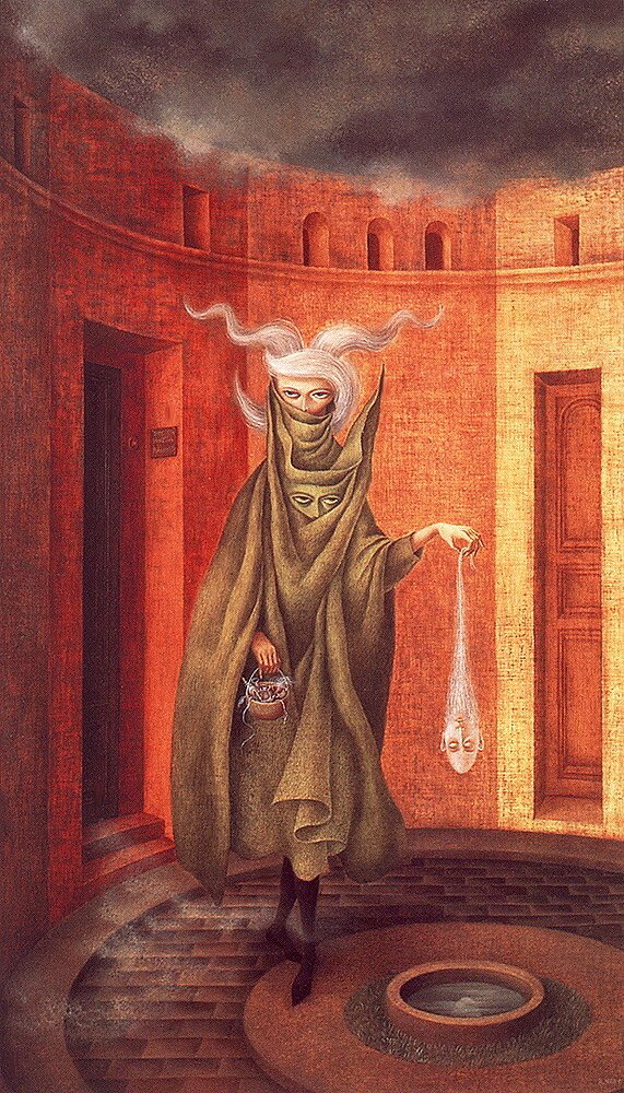Mujer saliendo del psicoanalista de Remedios Varo