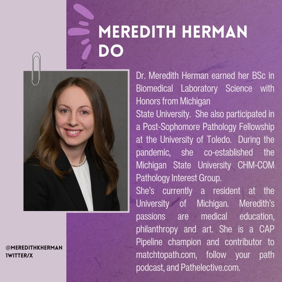 Path_SIG's tweet photo. Meet Dr. Meredith Herman! She will be on our Resident's Panel THIS SATURDAY 11/11 at 2PM CST for Path_SIG's 2023 #fallsymposium Register today: https://t.co/jmYzW2uQyF ! #PathTwitter #PathX #pathology #Match2024 #Match2Path #Path2Path https://t.co/GvfjHy8DD1