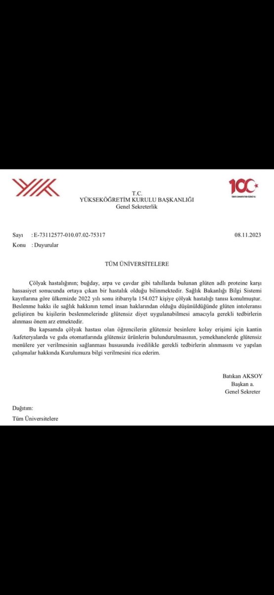 Çölyak hastası üniversite okuyan öğrenciler için YÖK tekrar yazı çıkardı..