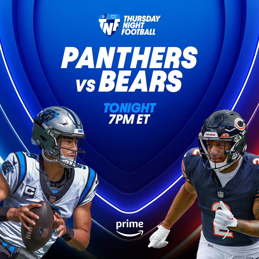 the @ChicagoBears host the @Panthers in a #ThursdayNightFootball showdown, tonight at 7pm ET on @PrimeVideo!