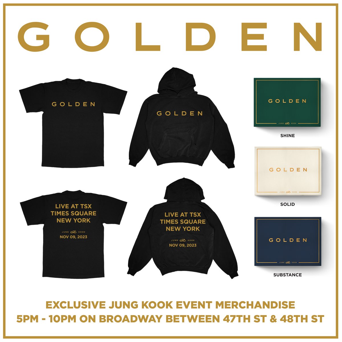 New York City ARMY! You can now purchase limited edition Jung Kook merch and ‘GOLDEN’ physical albums now at the @NTWRKLIVE merch truck in Times Square! ✨ Get them while you can! @bts_bighit