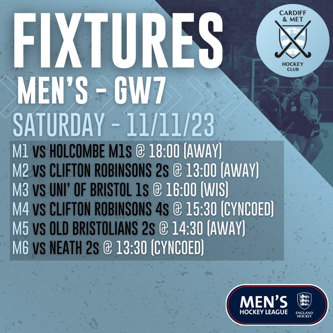 Our fixtures for the upcoming weekend. 🏑

M1 are on the road. 🚘

L2 play L3 at Cyncoed. 🔵

L4 continue their cup run. 🏆

Go and show your support! 

Good luck, everyone. 💙

#OneBlue
🔵⚪️