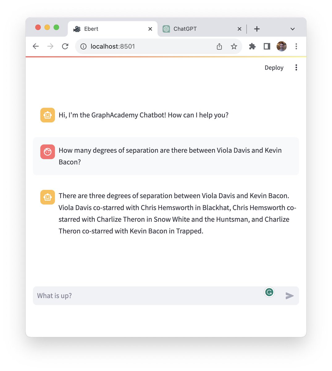 🤯 A simple side-by-side demonstration of the power of Retrieval Augmented Generation in #genai. 

After a couple of minutes and several plugins, ChatGPT could not find Voila Davis' Bacon Number but a small @LangChainAI &amp; <a href="/streamlit/">Streamlit</a> app backed by @Neo4j can do the job.