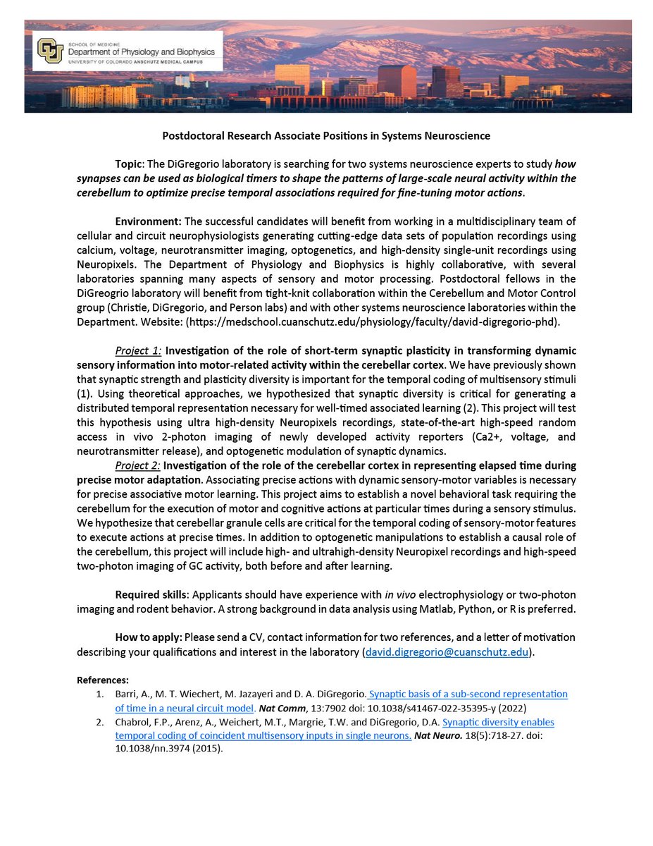 David DiGregorio (@ddigrego_neuro) on Twitter photo I am looking forward to <a href="/SfNtweets/">Society for Neuroscience (SfN)</a> and wanted to take the opportunity to announce multiple available postdoc positions in my new lab in Denver to work on the "synaptic basis of time coding." Feel free to DM me to meet or email your CV and letter of motivation. Poster 523.12/D22. I am looking forward to <a href="/SfNtweets/">Society for Neuroscience (SfN)</a> and wanted to take the opportunity to announce multiple available postdoc positions in my new lab in Denver to work on the "synaptic basis of time coding." Feel free to DM me to meet or email your CV and letter of motivation. Poster 523.12/D22.