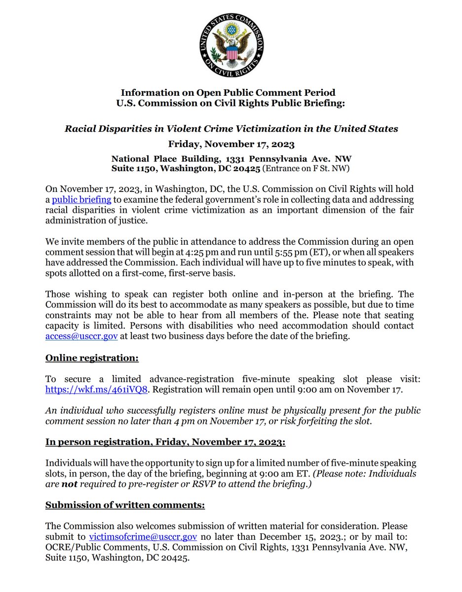 📣HAVE YOUR VOICE HEARD🗣️
On 11/17/23 <a href="/USCCRgov/">USCCR</a> will hold a public briefing at our HQ in Washington #DC.

We invite anyone planning to attend to address the Commission on this topic. #CivilRights #CrimeVictimization

Register: wkf.ms/461iVQ8
Info: bit.ly/USCCR_NOV2023
