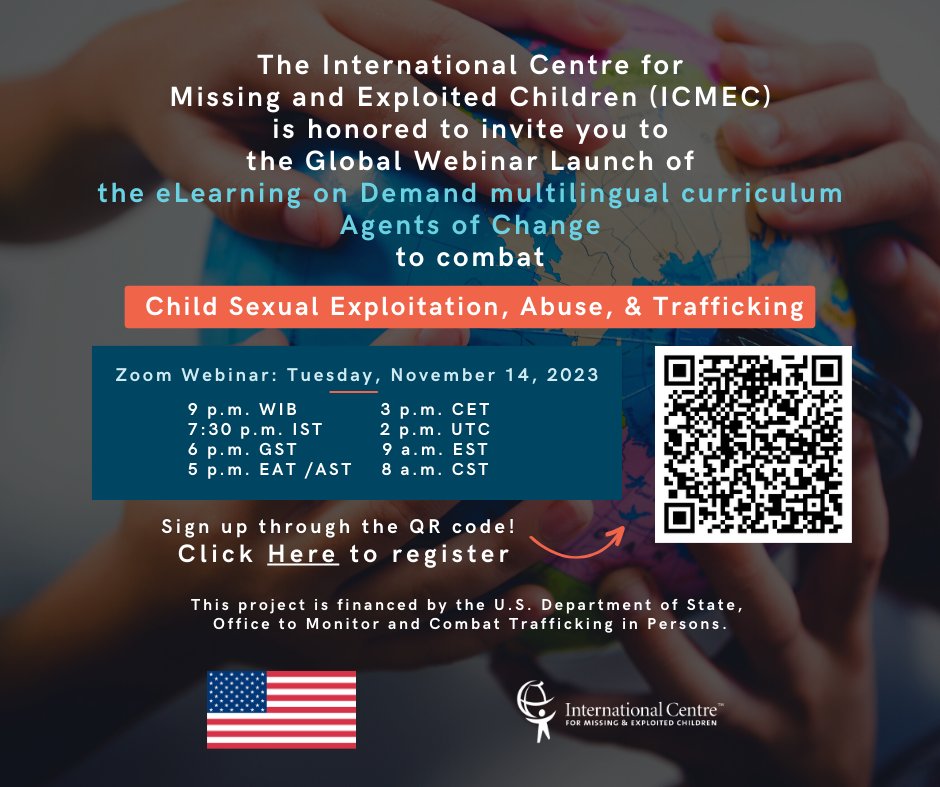 ICMEC_official's tweet photo. Join us for the Global Webinar Launch of the eLearning on Demand multilingual curriculum Agents of Change to combat Child Sexual Exploitation, Abuse, &amp; Trafficking on Tuesday, November 14, 2023.

Register here: https://t.co/LiVlfs9VKn https://t.co/eyMvCAXNFC