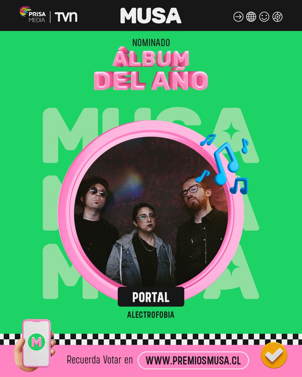 Alectrofobia con su disco "Portal" son uno de los nominados a Álbum del Año en #PremiosMUSA 2023 💿

¡No olvides votar en premiosmusa.cl! 😎🗳 Premios MUSA 2023, jueves 7 de diciembre… ¡la música que nos inspira! 🎶