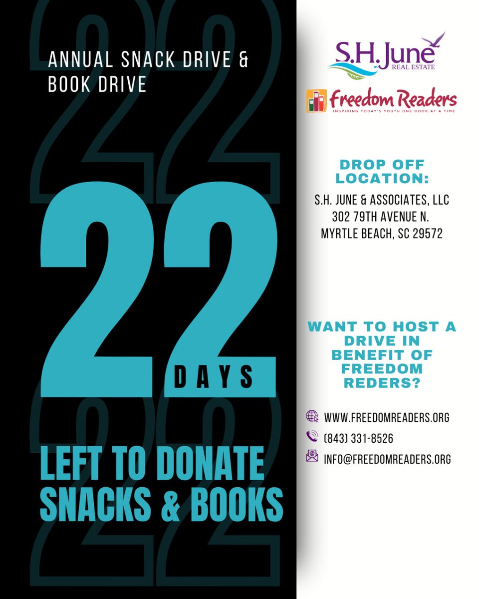 shjunerealty's tweet image. Time is ticking! Only 22 days left to donate!
Let's make every second count! ⏰
#SHJuneRealEstate #SCRealtor #realestateagent #RealEstateInvestor #bookdrive #charity #donatebooks #snackdrive  #FreedomReaders