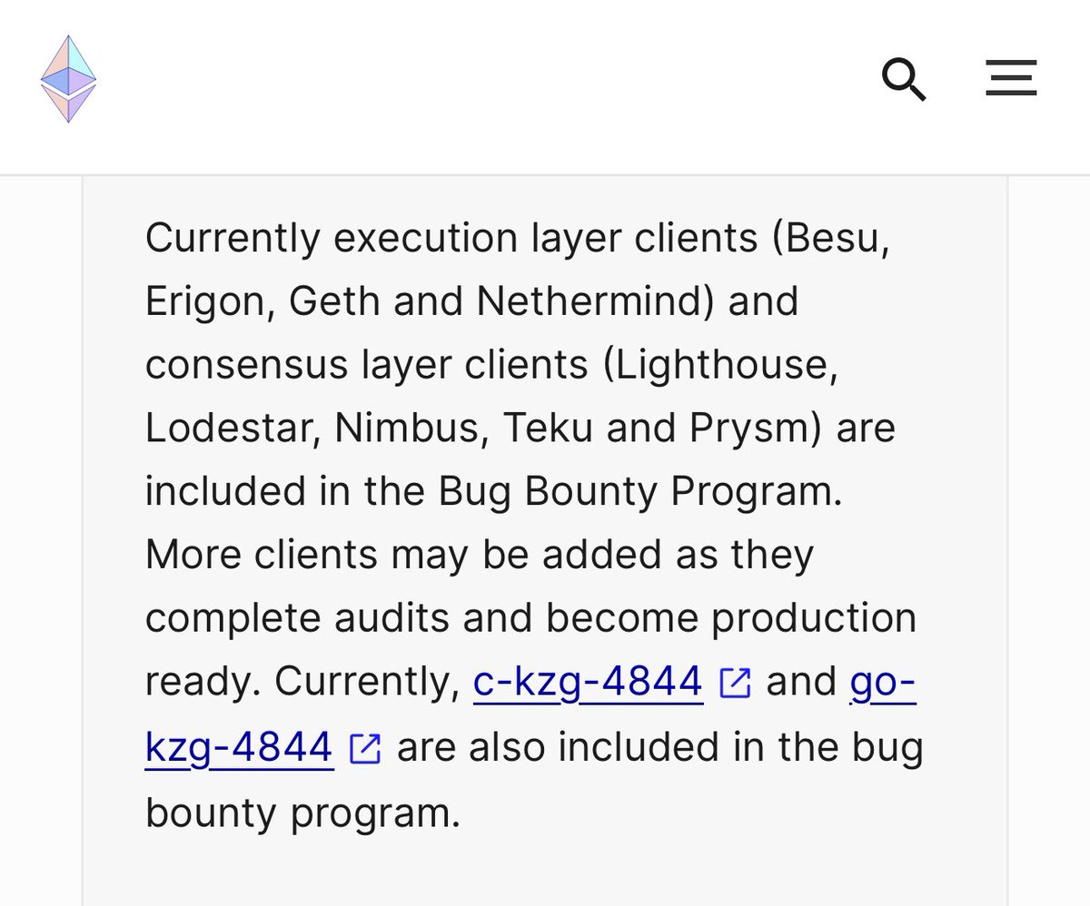 Happy to see the two KZG libraries that clients will use have been added to the Ethereum Foundation’s bug bounty program! Normally, these would only become in-scope a couple weeks prior to the mainnet upgrade. ethereum.org/en/bug-bounty/