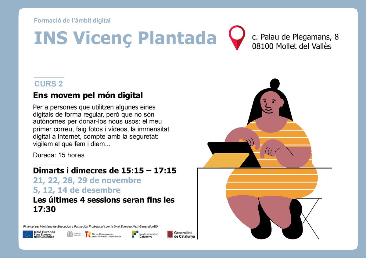 Necessites formar-te en l’àmbit digital? Pots venir al nostre centre!
Dimarts i dimecres de 15:15 a 17:15.
Inscripció per mail al correu de secretaria del centre, venint al centre presencialment o bé emplenant el formulari: forms.gle/UCstfr8UQFGt6M… 
Comença el 21 de novembre!