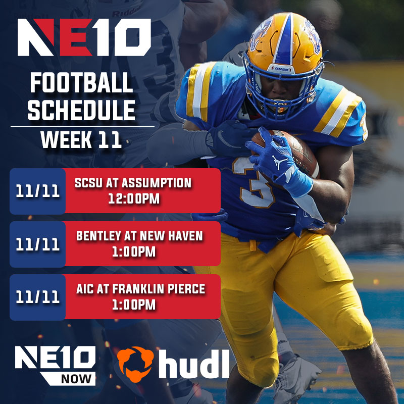 TheNortheast10's tweet photo. 𝐎𝐍𝐄 𝐌𝐎𝐑𝐄 𝐖𝐄𝐄𝐊𝐄𝐍𝐃 🏈

Final Saturday of the NE10 season is just two days away. @UNHChargers host @BentleyFalcons in a game to decide the league's regular season champion 🏆

Don't miss the action on https://t.co/gHo9SbWDmb!

#NE10EMBRACE #NCAAD2 #D2FB https://t.co/BDQSHKAHFr
