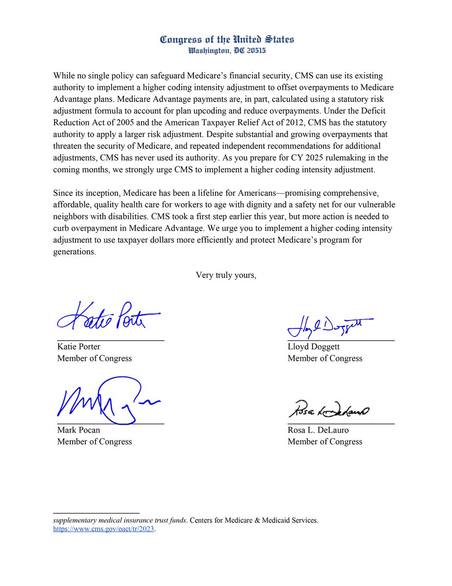 RepKatiePorter's tweet image. Health insurance companies are corrupting Medicare and stealing taxpayers' money—to the tune of $75 billion just this year. @RepLloydDoggett and I led 17 of our colleagues in a letter urging @CMSgov to crack down on two of the ways greedy insurers defraud Medicare.