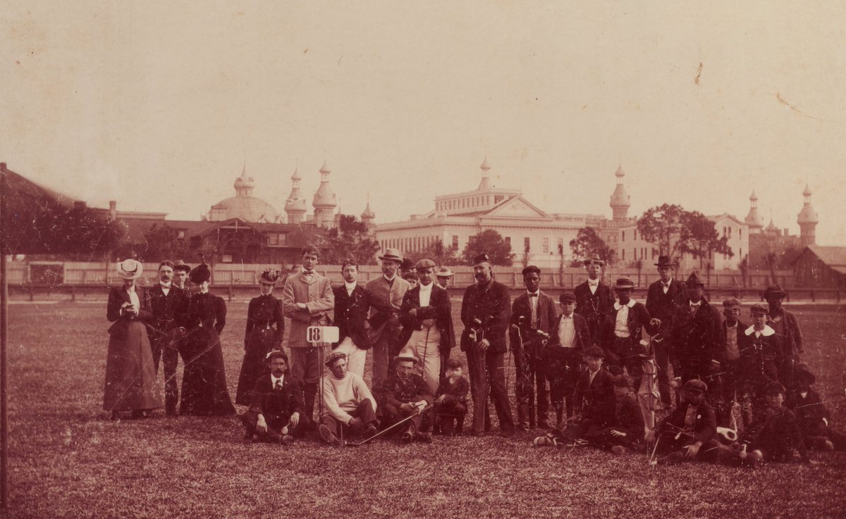 Today’s #tbt photo from 1899 features a golfing party on the Tampa Bay Hotel golf course with the building's minarets and dining hall dome in the background. The course was designed by John Hamilton Gillespie, who is in the middle of the picture with the golf bag.
