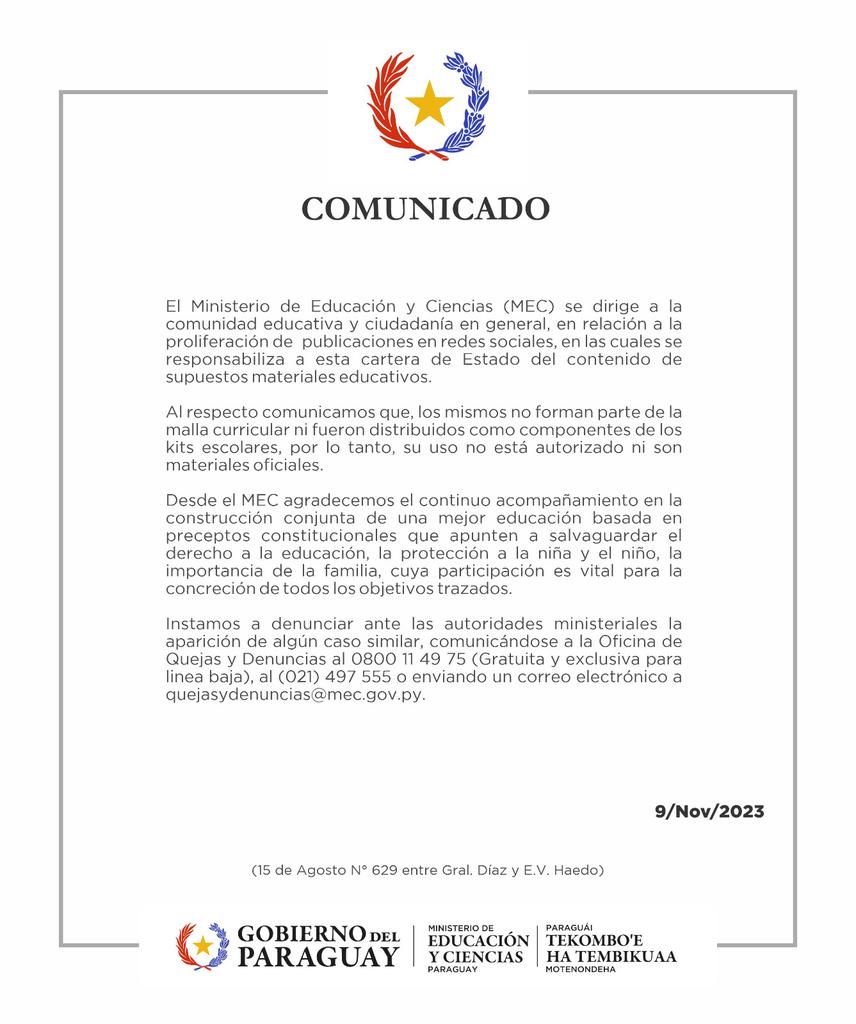 MECpy's tweet photo. ⭕Comunicado #MEC

👉Referente a publicaciones sobre supuestos materiales educativos. https://t.co/R7g7n7XGYX