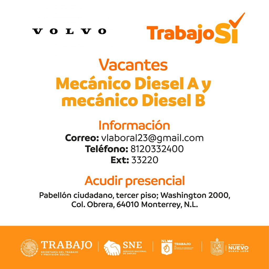 La empresa #Volvo solicita mecánicos diésel, ven a nuestra jornada de contratación en el Pabellón Ciudadano de 8 de la mañana a 3 de la tarde de lunes a viernes,o comunícate a los teléfonos que aquí te compartimos.

En el nuevo Nuevo León #TrabajoSí ✅

#SNE #NuevoLeón