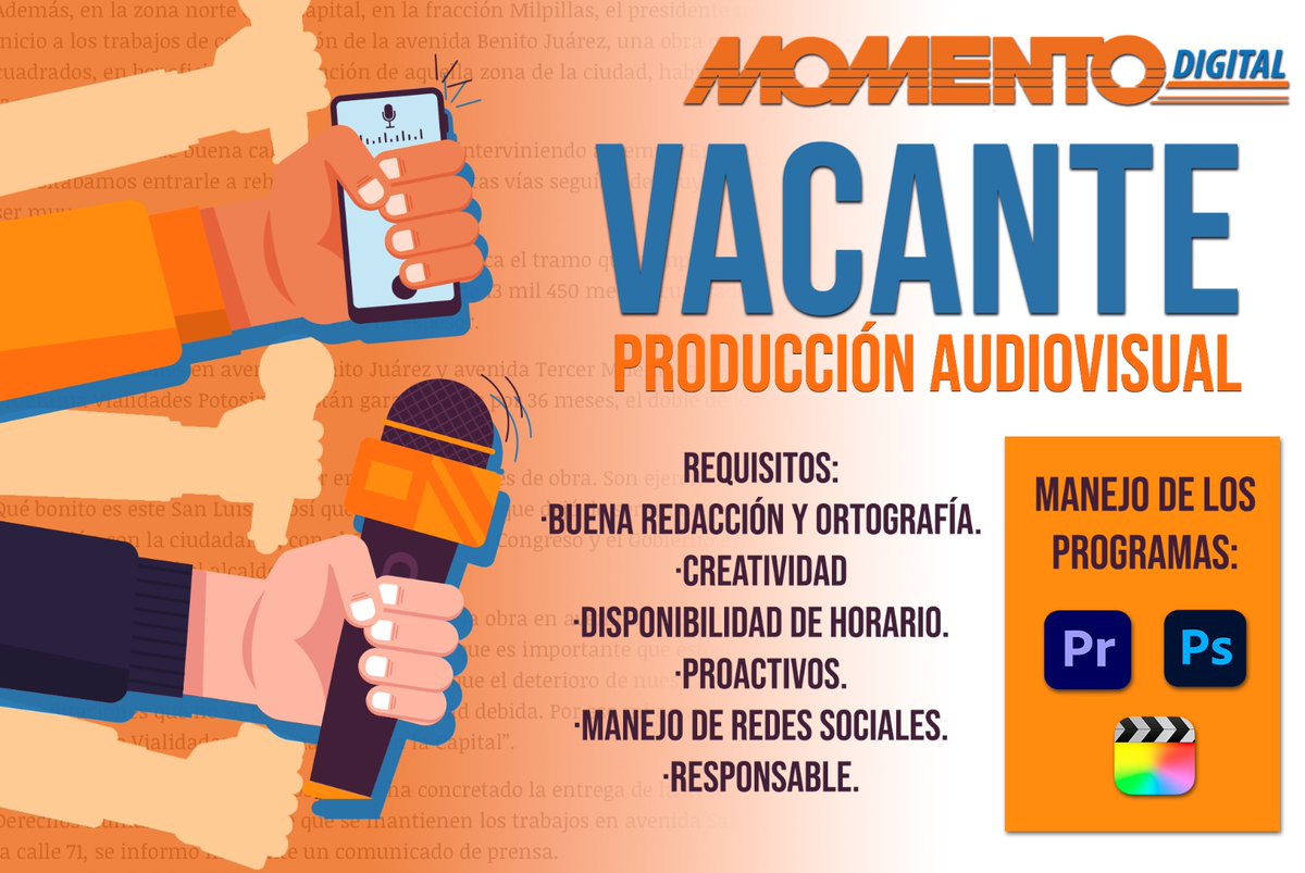 PrensaMomento's tweet photo. 🤔¿BUSCAS TRABAJO? ‼ESTO TE INTERESA‼🤩
🎬💻En #MomentoDigital estamos buscando un productor audiovisual, sabes de Pothoshop, Ilustrador, Premier o Final Cut?🎬💻
🟢No dudes en enviarnos mensaje o comunícate al: 444 256 2719🟢 https://t.co/gzTVJHRGgW