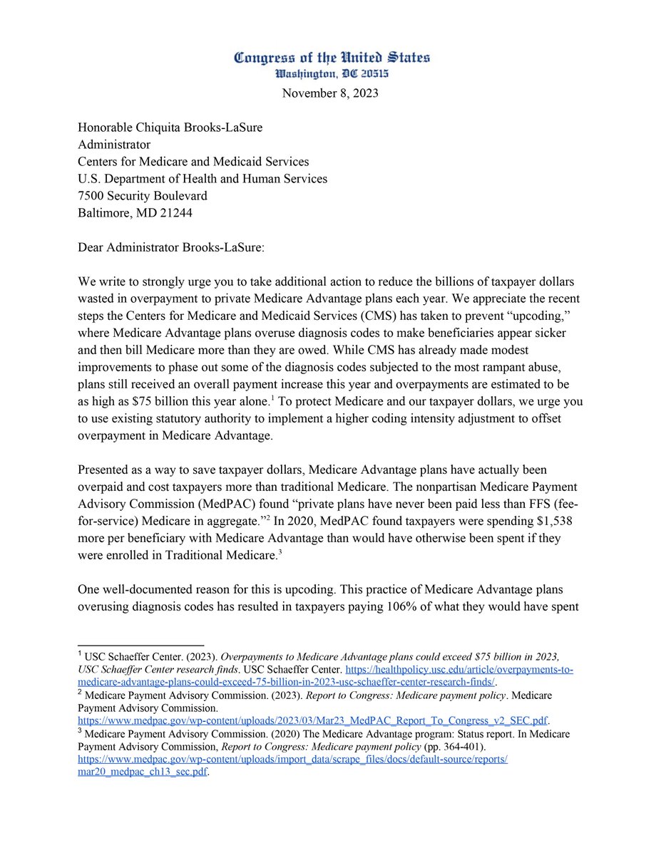 RepKatiePorter's tweet image. Health insurance companies are corrupting Medicare and stealing taxpayers' money—to the tune of $75 billion just this year. @RepLloydDoggett and I led 17 of our colleagues in a letter urging @CMSgov to crack down on two of the ways greedy insurers defraud Medicare.