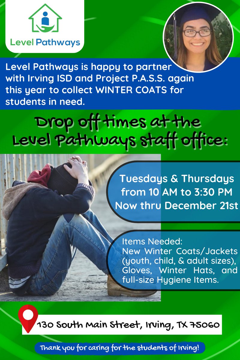 LevelPathways's tweet image. #LevelPathways is partnering with @IrvingISD and Project PASS to collect winter coats, hats, gloves, and full-size hygiene items for #students in need. 
See image for details.
#Irving #myIrvingISD #BeTheGood #CoatDrive

Please SHARE!!

THANK YOU in advance for your support!!