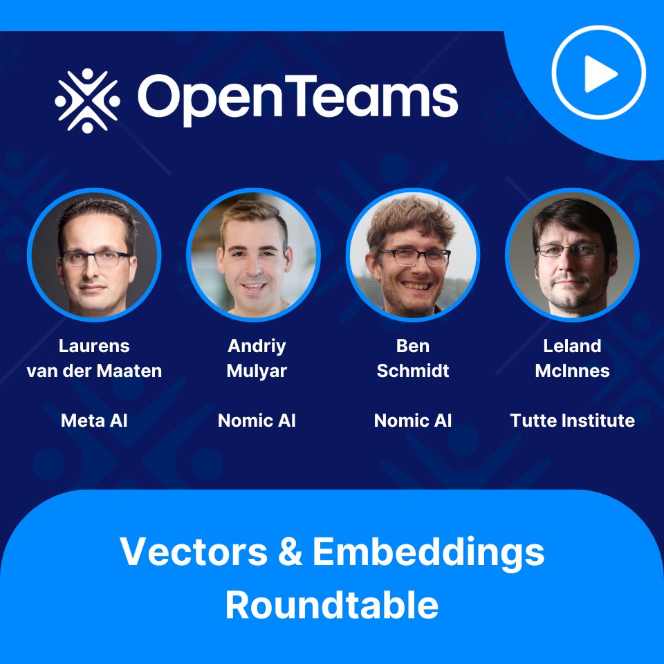Announcing our next community event! Join us for a roundtable discussion of vectors &amp; embeddings, with a focus on vector databases &amp; vector search, to learn more about these key technologies underlying LLMs.

🗓️15 Nov 2023
🕚10:30-11:30 AM EST

Register: us06web.zoom.us/webinar/regist…