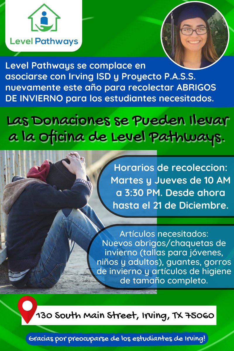 LevelPathways's tweet image. #LevelPathways is partnering with @IrvingISD and Project PASS to collect winter coats, hats, gloves, and full-size hygiene items for #students in need. 
See image for details.
#Irving #myIrvingISD #BeTheGood #CoatDrive

Please SHARE!!

THANK YOU in advance for your support!!