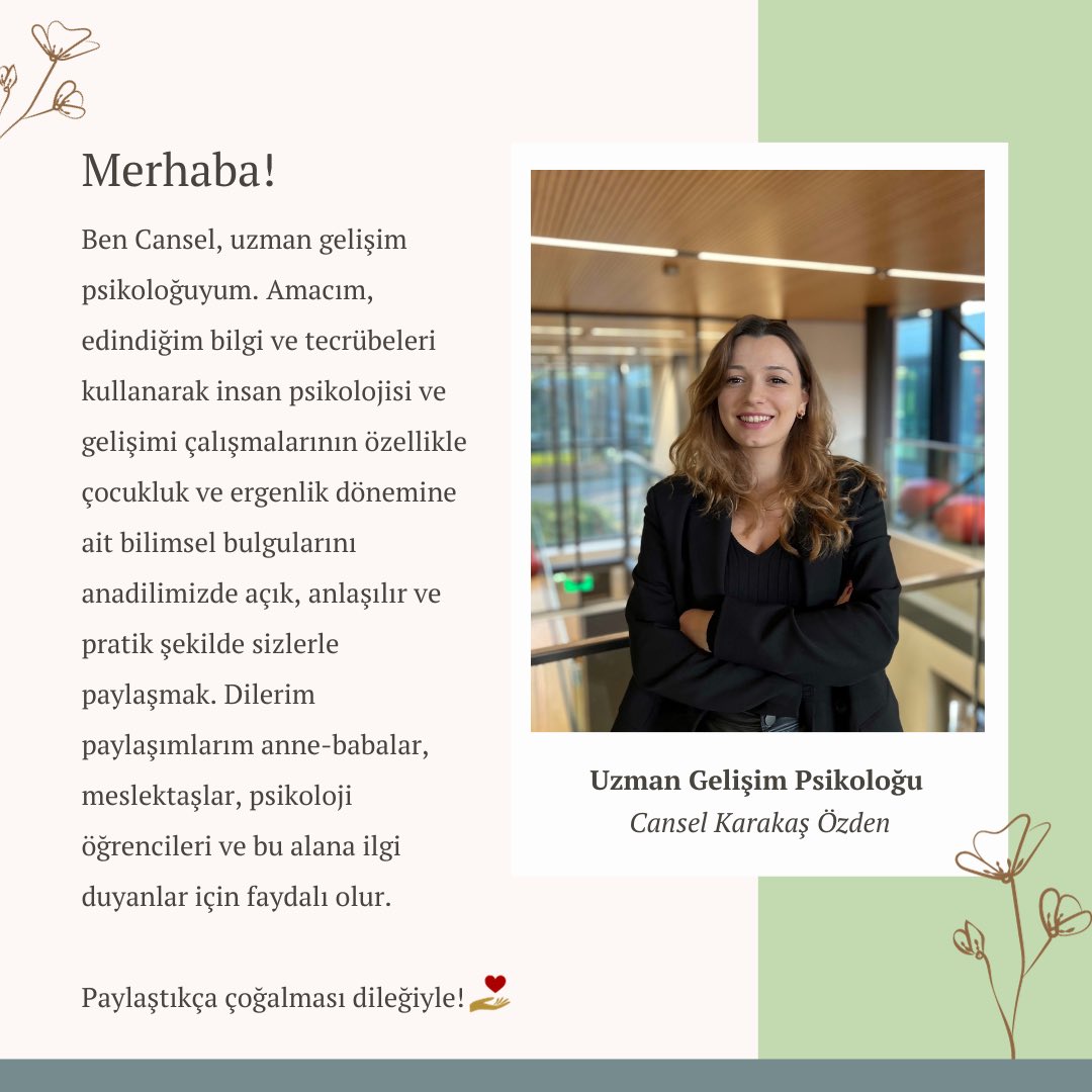 Çocukluk ve ergenlik dönemine ait bilimsel bulguları anadilimizde açık, anlaşılır ve pratik şekilde paylaşmak istiyorum. Anne-babalar, meslektaşlar, psikoloji öğrencileri ve bu alana ilgi duyanlar için faydalı olması dileğiyle! 🙋🏻‍♀️🌱➡️ instagram.com/psikolog.canse…