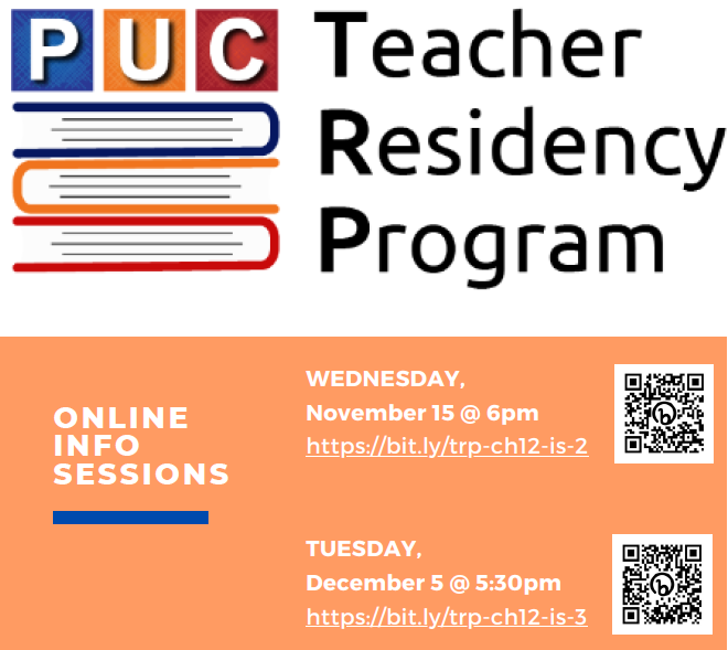 puctrp's tweet photo. Looking for an affordable and effective pathway to becoming a #teacher? Join us online to learn about the Teacher Residency Program! All times PST #gotrp #teachersmatter https://t.co/Yi7CaGhqfE