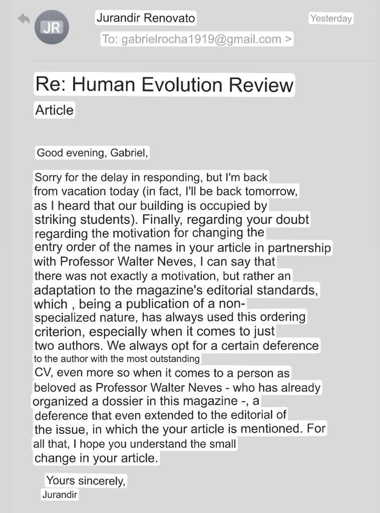Gabriel Rocha 🦴💀🙉 (@paleorocha) on Twitter photo I posted my review article here a few days ago and I am very happy with that. But I need to share something bad that happened.
I am the first author of this work, but Revista USP, an excellence Brazilian periodic simply changed the authorship placing my advisor as the 1st author I posted my review article here a few days ago and I am very happy with that. But I need to share something bad that happened.
I am the first author of this work, but Revista USP, an excellence Brazilian periodic simply changed the authorship placing my advisor as the 1st author