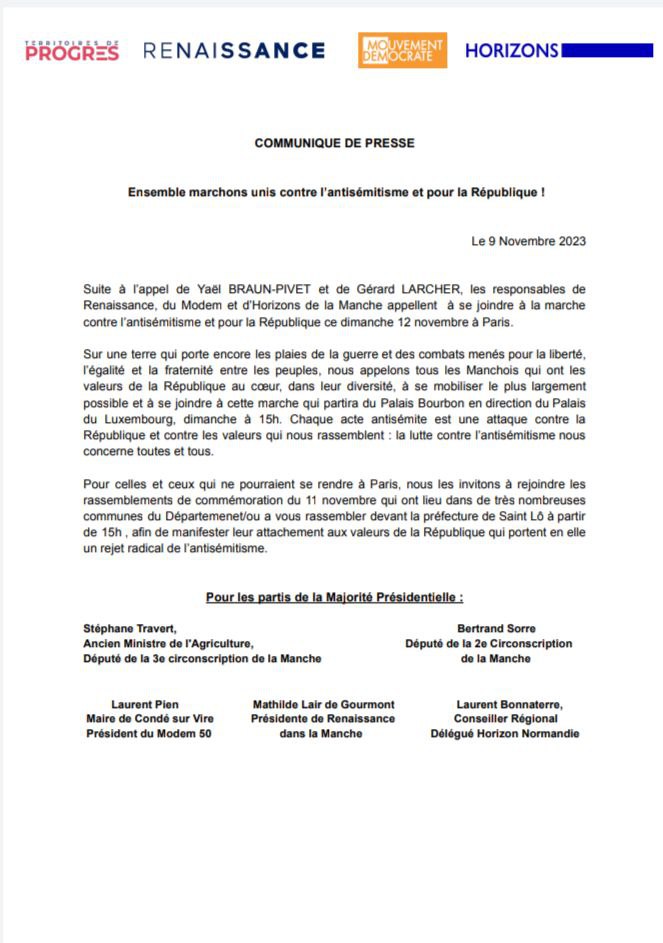 AvecVous50's tweet image. La Majorité Présidentielle de la Manche se joignent à l'appel de @YaelBRAUNPIVET et @gerard_larcher, ils invitent leurs adhérents a assister aux cérémonies des commémorations du #11Novembre et au rassemblement devant la Préfecture de #StLô.

Contre l'Antisémitisme, soyons unis !