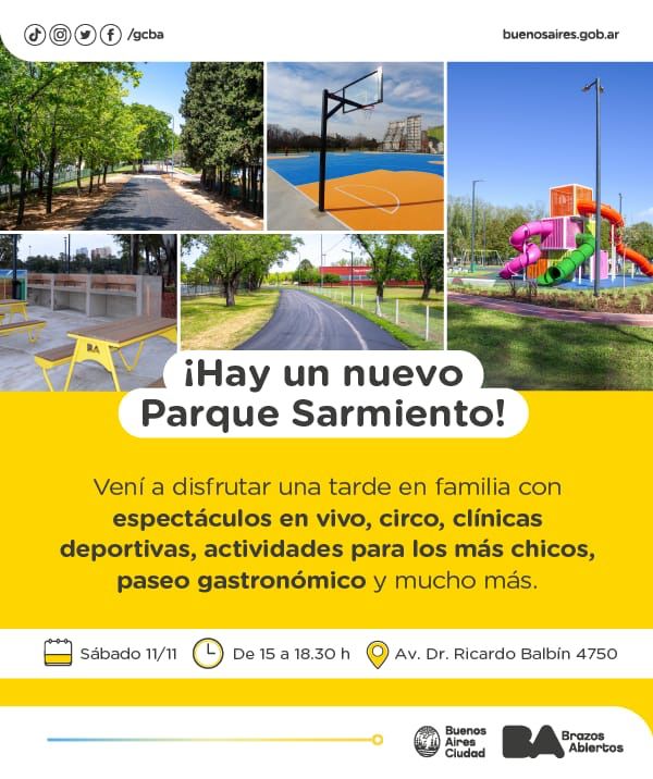 ¡Te esperamos este sábado a las 15 para descubrir juntos este Parque Sarmiento renovado! 🥳

Shows en vivo, clínicas deportivas, gastronomía, circo y mucho más 🙌

¡No te lo pierdas!

📍 Av. Dr. Ricardo Balbín 4750, <a href="/bacomuna12/">BA Comuna 12</a>.