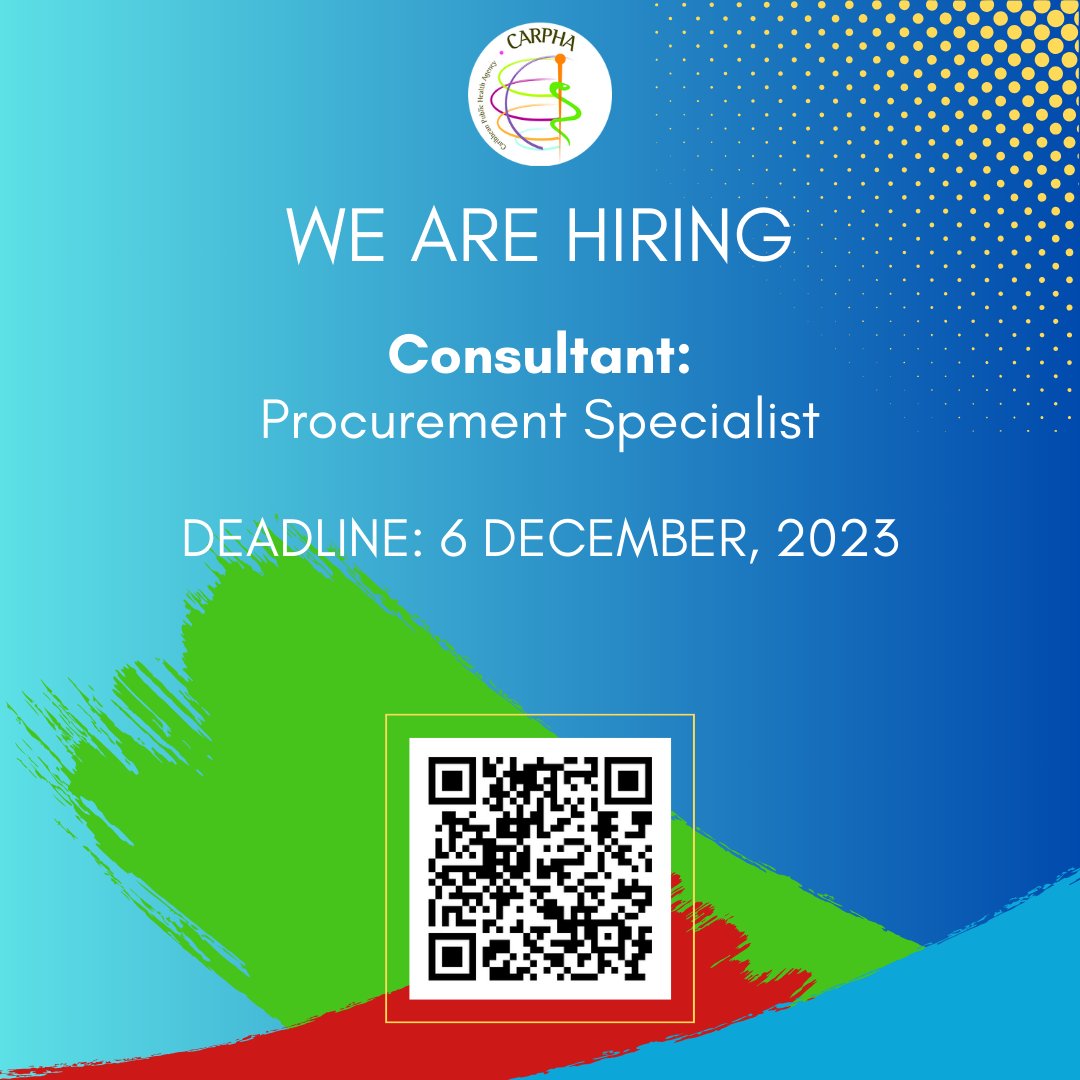 #CARPHA is hiring: "Consultancy - Procurement Specialist"
Deadline: 6 December 2023
Click ow.ly/5Cco50Q5w7f for more info.