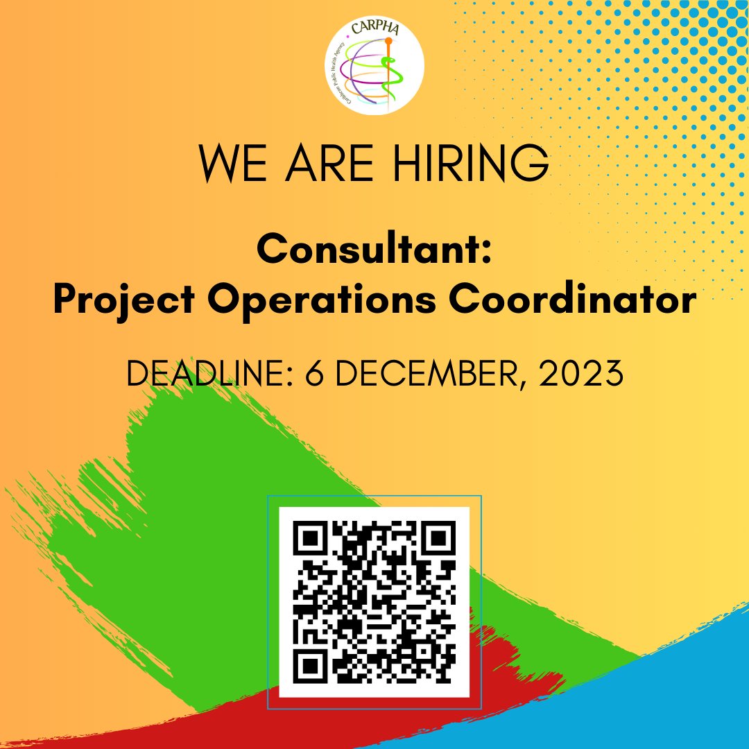 #CARPHA is hiring: "Consultancy - Project Operations Officer"
Deadline: 6 December 2023
Click ow.ly/QwVh50Q5w9n for more info.
