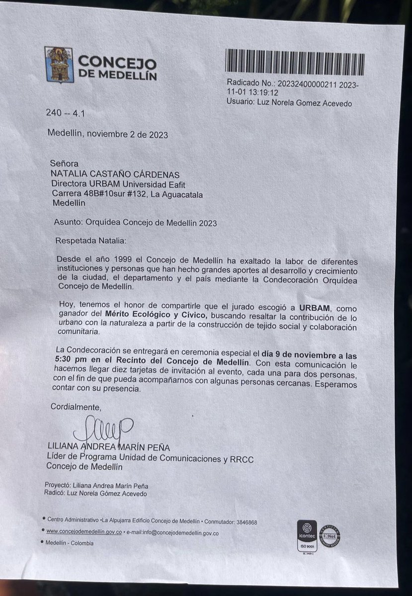 Hoy será este reconocimiento Orquídea  del Concejo de la Ciudad <a href="/ConcejoMedellin/">Concejo de Medellín</a> al mérito ecológico y cívico para <a href="/urbam_EAFIT/">urbam</a> <a href="/EAFIT/">Universidad EAFIT</a> ha sido y es un orgullo ser parte de este equipo!! será también un reconocimiento a todos quienes nos han acompañado en este viaje lindo🌺
