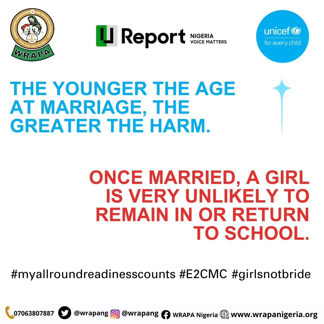 Let's stand together to end child marriage once and for all. #myallroundreadinesscounts #e2cmc #wrapaadvocates @UNICEF_Nigeria @UreportNigeria