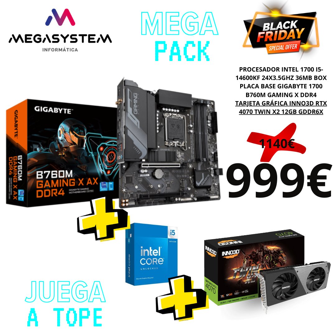 MegaSystem_es's tweet image. 🎮🔥 Megapack gaming por 999€. Procesador intel 14600KF, Placa Gigabyte B760 y Grafica nvidia 4070 Hasta el 30/11. ¡Aprovecha! 🎮🔥

#MegapackGaming #OfertaLimitada #SoloParaGamers