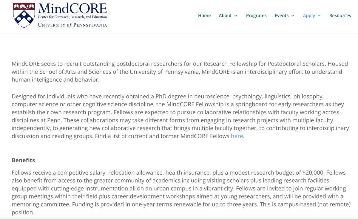 diegoreinero_'s tweet photo. UPenn's MindCORE Postdoctoral Fellowship is accepting applications (due Dec 3)! https://t.co/hX34aZHAQy

Funding is available for 3 years. Fellows receive $68k in salary, $20k in a research/travel budget,  assistance in relocation (e.g., $5k), and benefits.

Highly recommend it! https://t.co/gxVycI4KuU